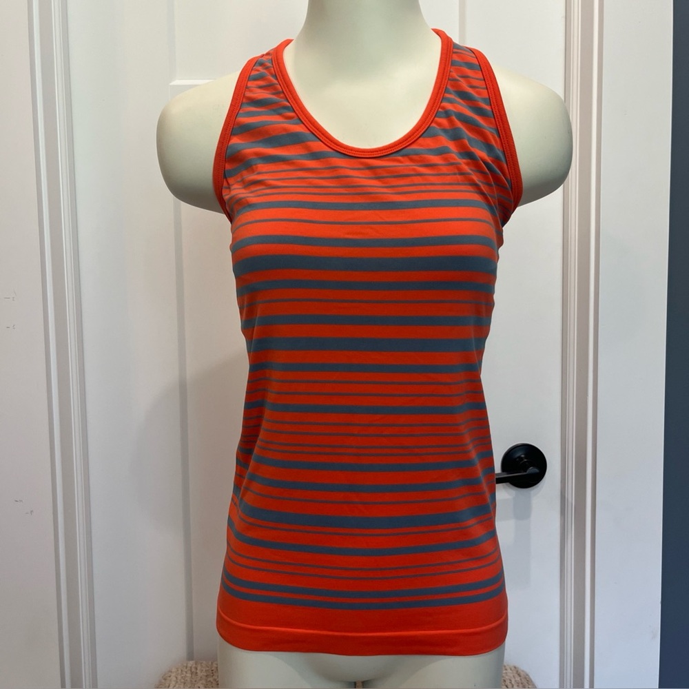 Athleta Women's Orange Gray Horizontal Striped Racerback Tank Top Stretch Size S